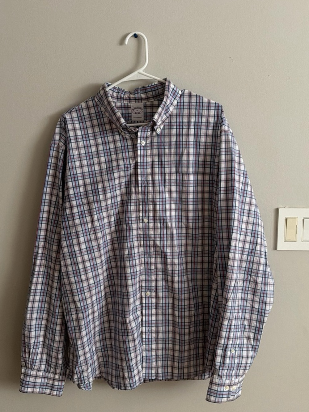 Brooks Brothers White Plaid Button-Down Shirt with Blue and Red Stripes